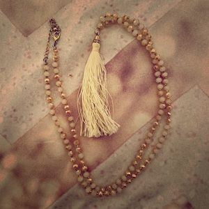 Blush and Gold beaded Necklace with Cream Tassel